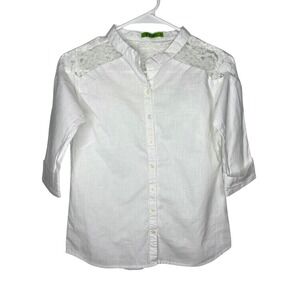 Live Free Womens White Linen Lace Shoulder 3/4 Sleeve Button Down Shirt Medium